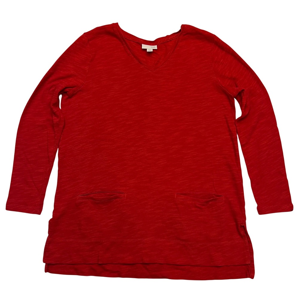 J. Jill Red Slub Knit 100% Cotton Comfy V-Neck Long Sleeve Tunic Top Size MP